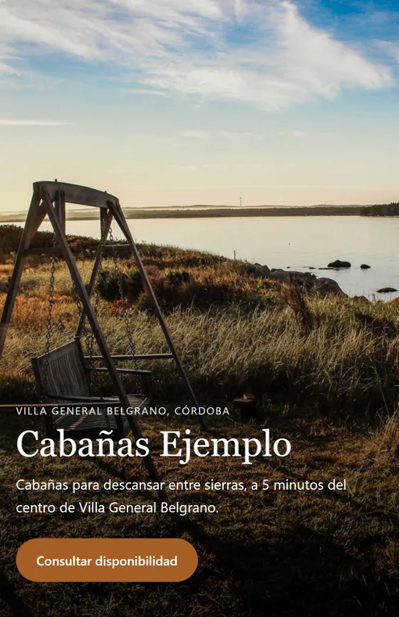 Primera pantalla de la plantilla para cabañas vista en un celular: foto del lugar, ubicación, nombre, una frase y el botón Consultar disponibilidad